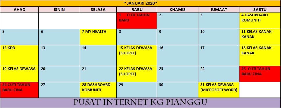 jadual aktiviti jan 2020